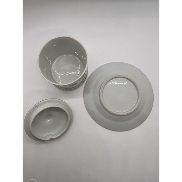 Vtg. White Porcelain Blue Pink Roses Jam Jar Sugar Bowl & Lid Floral UndePlate - Picture 7 of 14